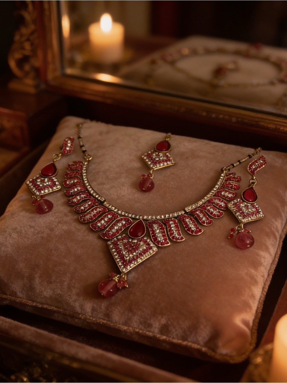 Indian Bridal Kundan Style Choker Set Ruby CZ Necklace Earrings Maang Tikka